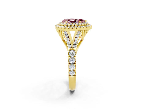 Yellow gold Double Halo Pear Cut Morganite Pavé Split Shank Ring with Prong Setting_2
