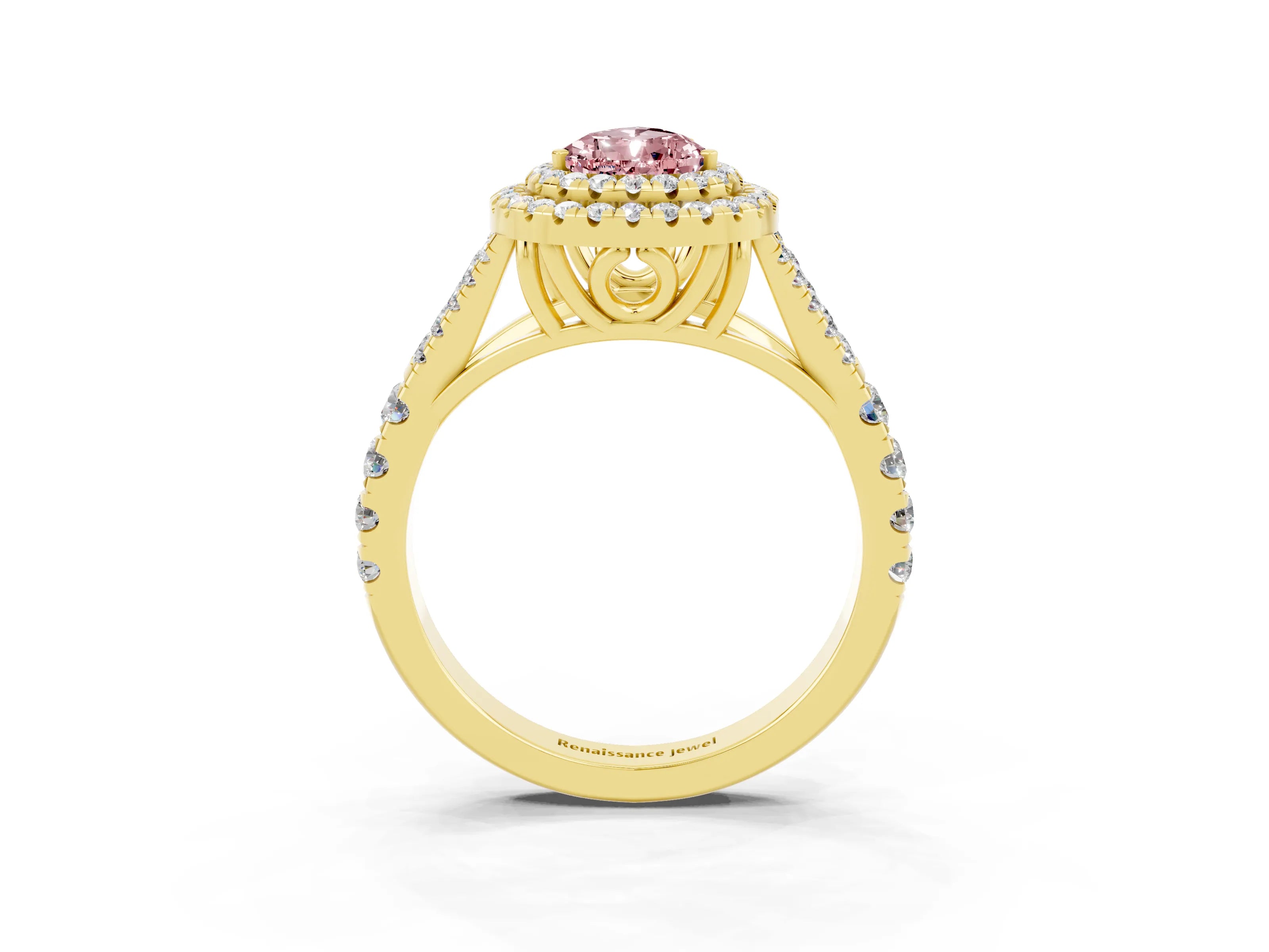 Yellow gold Double Halo Pear Cut Morganite Pavé Split Shank Ring with Prong Setting_3