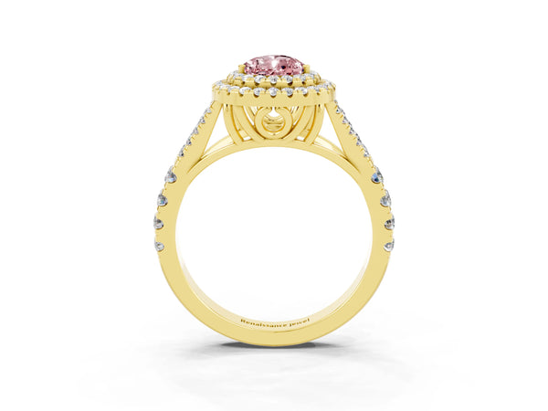Yellow gold Double Halo Pear Cut Morganite Pavé Split Shank Ring with Prong Setting