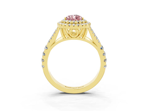Yellow gold Double Halo Pear Cut Morganite Pavé Split Shank Ring with Prong Setting_3