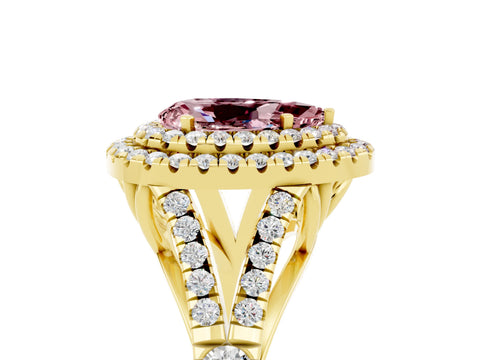 Yellow gold Double Halo Pear Cut Morganite Pavé Split Shank Ring with Prong Setting_5
