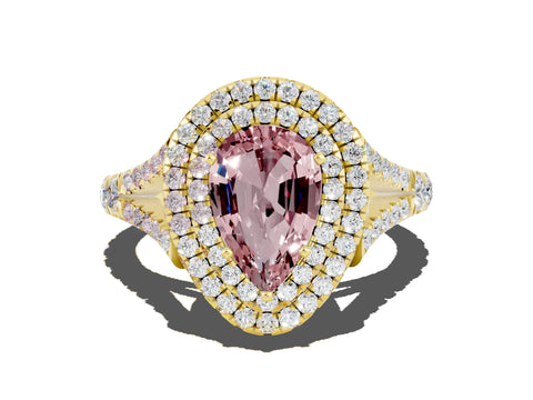 Yellow gold Double Halo Pear Cut Morganite Pavé Split Shank Ring with Prong Setting