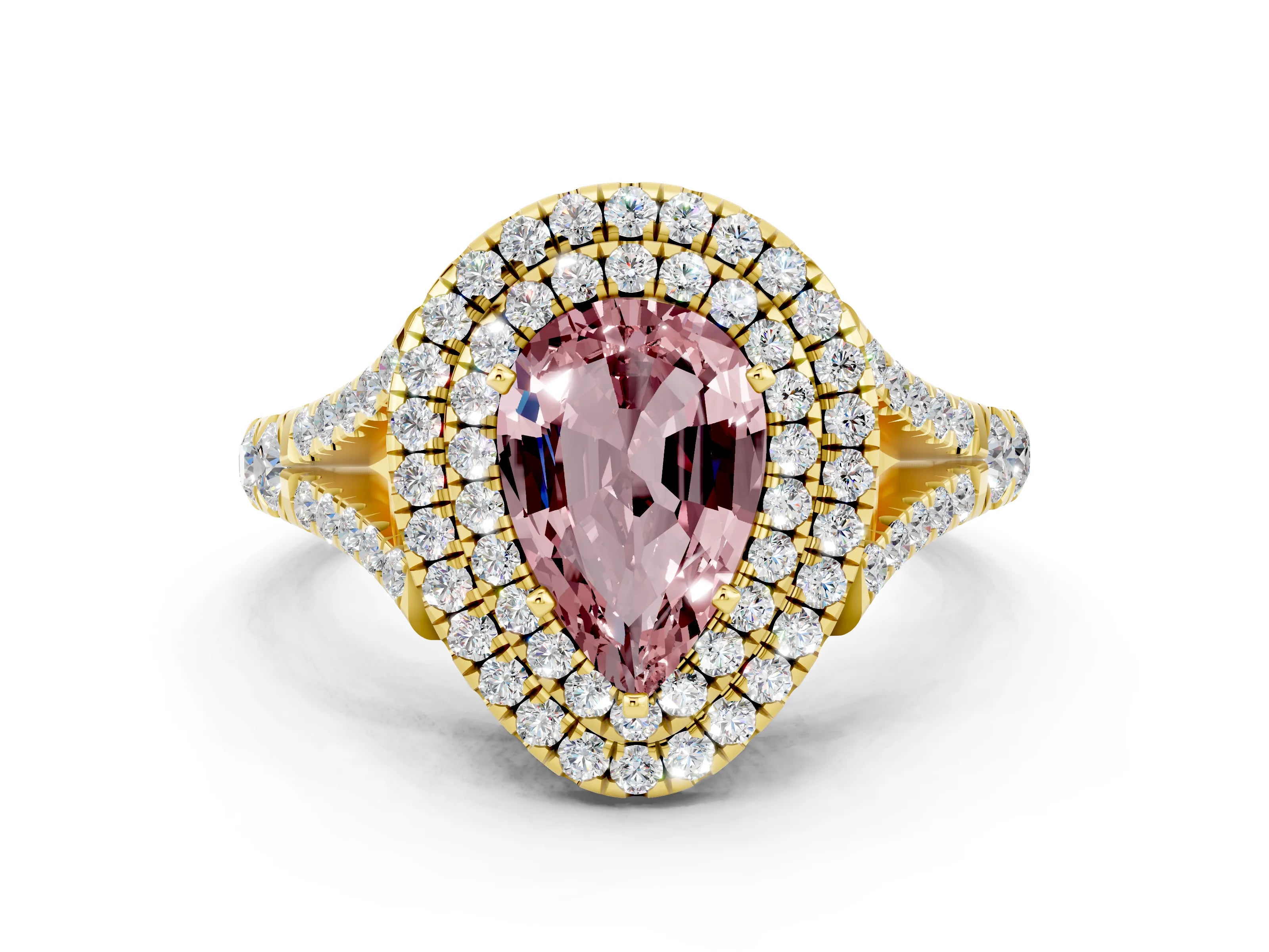 Yellow gold Double Halo Pear Cut Morganite Split Shank Engagement Ring with Four-Prong Setting