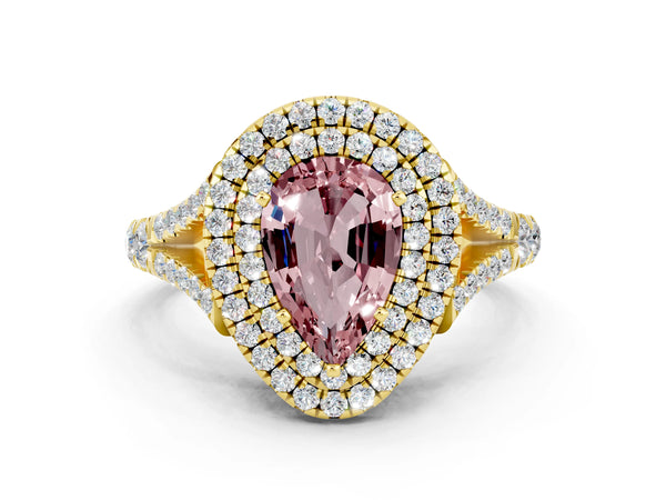 Yellow gold Double Halo Pear Cut Morganite Split Shank Engagement Ring with Four-Prong Setting
