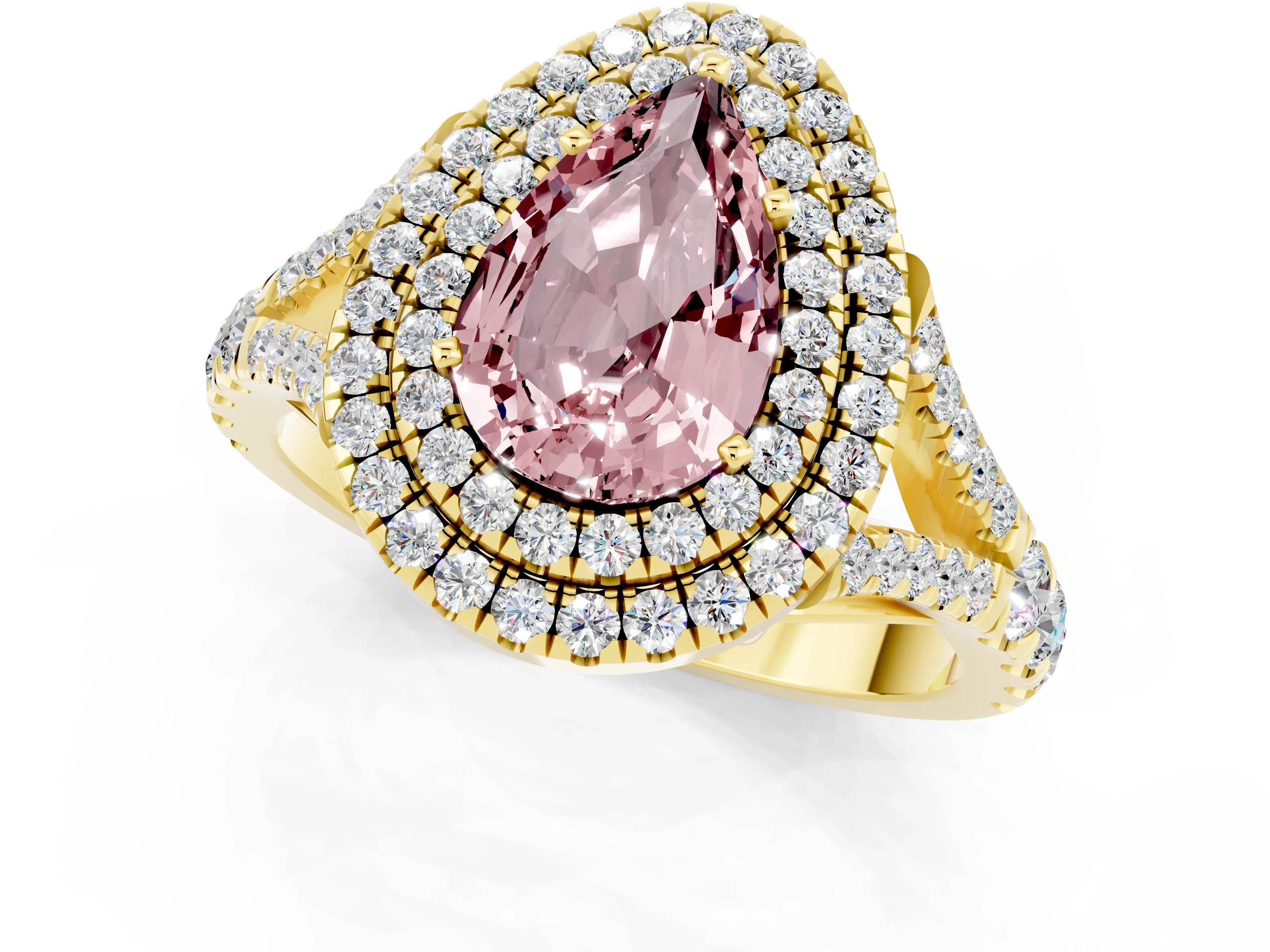 Yellow gold Double Halo Pear Cut Morganite Split Shank Engagement Ring with Four-Prong Setting_1