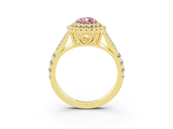 Yellow gold Double Halo Pear Cut Morganite Split Shank Engagement Ring with Four-Prong Setting