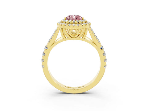 Yellow gold Double Halo Pear Cut Morganite Split Shank Engagement Ring with Four-Prong Setting_3