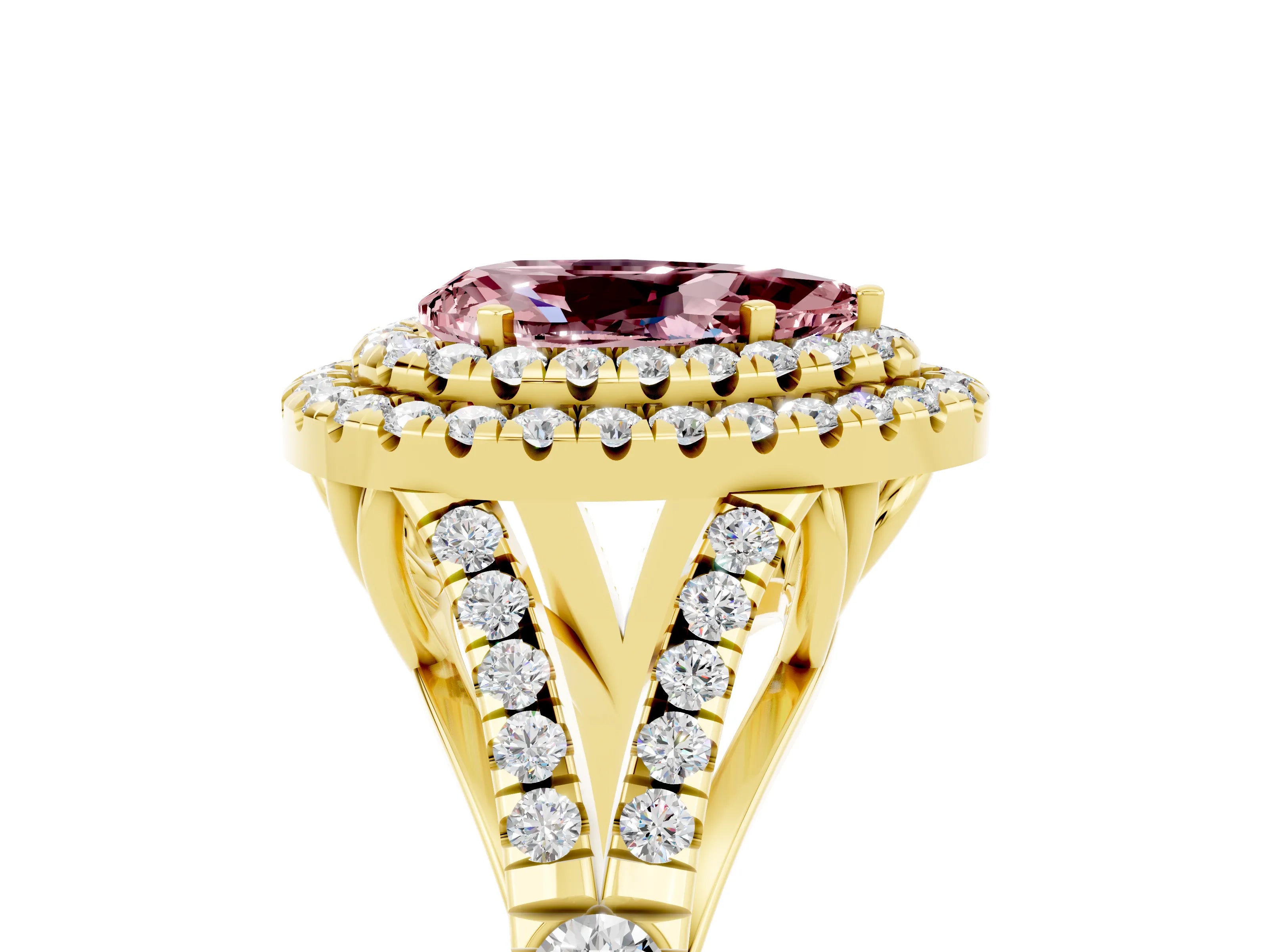 Yellow gold Double Halo Pear Cut Morganite Split Shank Engagement Ring with Four-Prong Setting_5