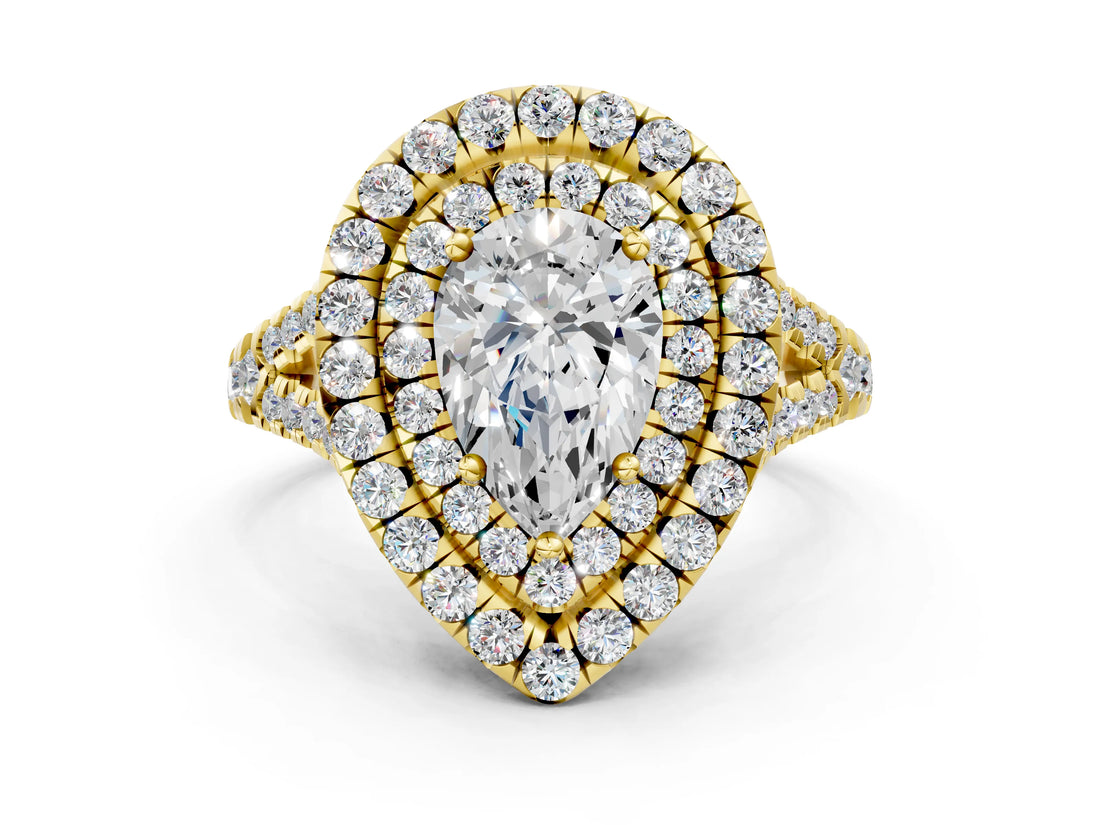Yellow gold Double Halo Pear Cut Pave Split Shank Prong Set Ring_15