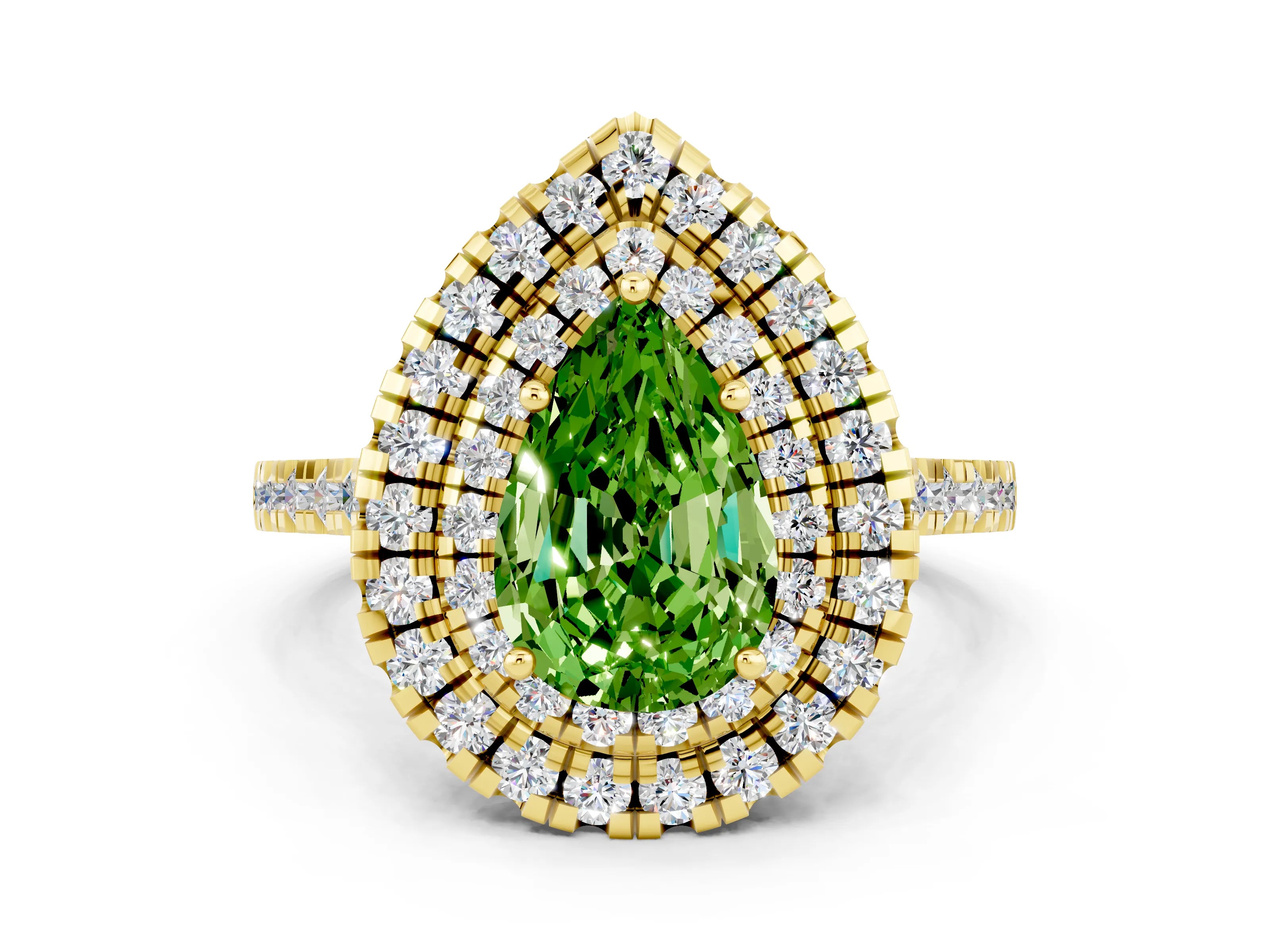 Yellow gold Double Halo Pear Cut Peridot Pavé Band with Four-Prong Setting