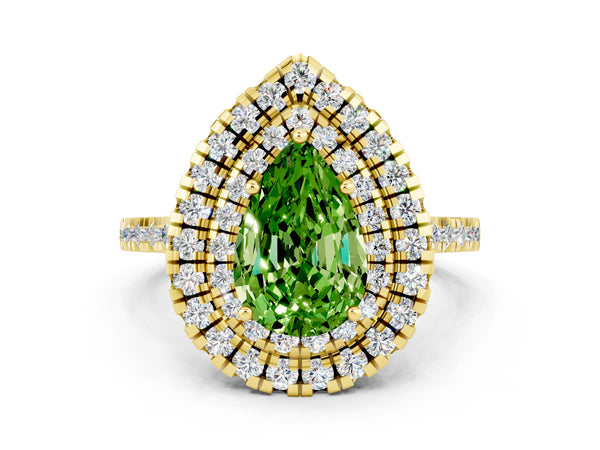 Yellow gold Double Halo Pear Cut Peridot Pavé Band with Four-Prong Setting