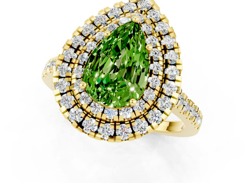 Yellow gold Double Halo Pear Cut Peridot Pavé Band with Four-Prong Setting_1