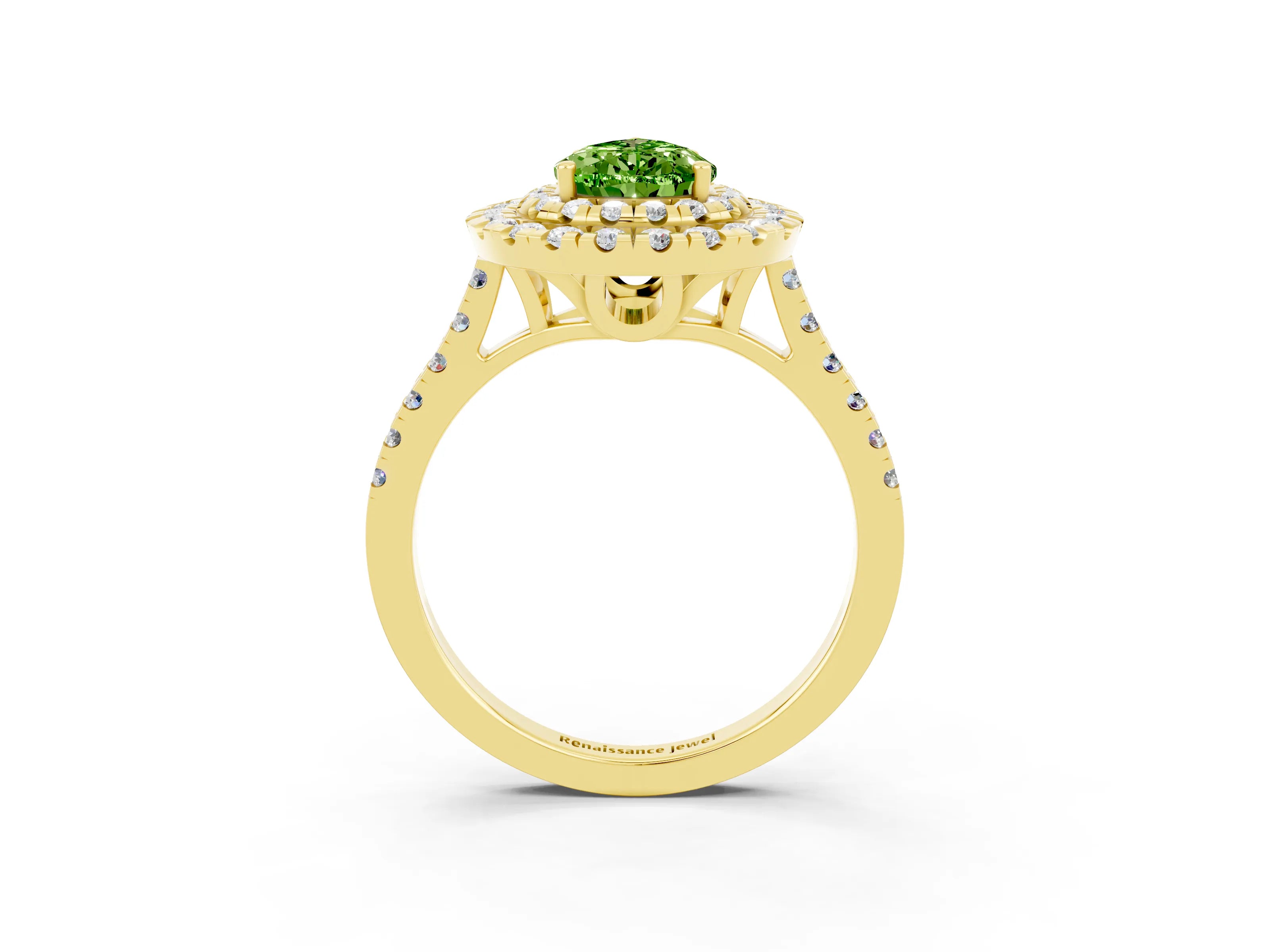 Yellow gold Double Halo Pear Cut Peridot Pavé Band with Four-Prong Setting_3