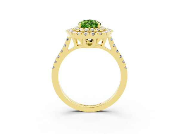 Yellow gold Double Halo Pear Cut Peridot Pavé Band with Four-Prong Setting