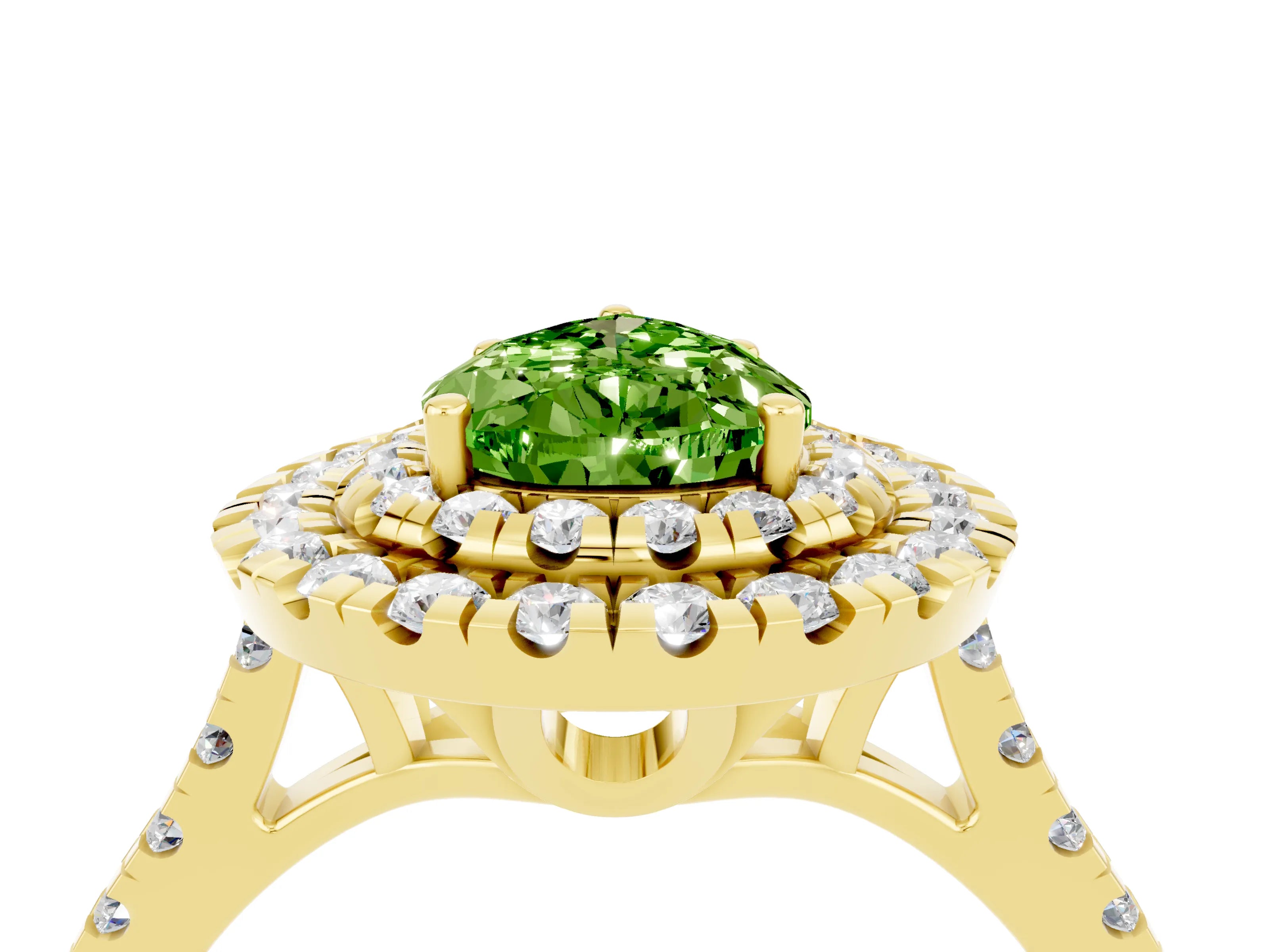 Yellow gold Double Halo Pear Cut Peridot Pavé Band with Four-Prong Setting_4