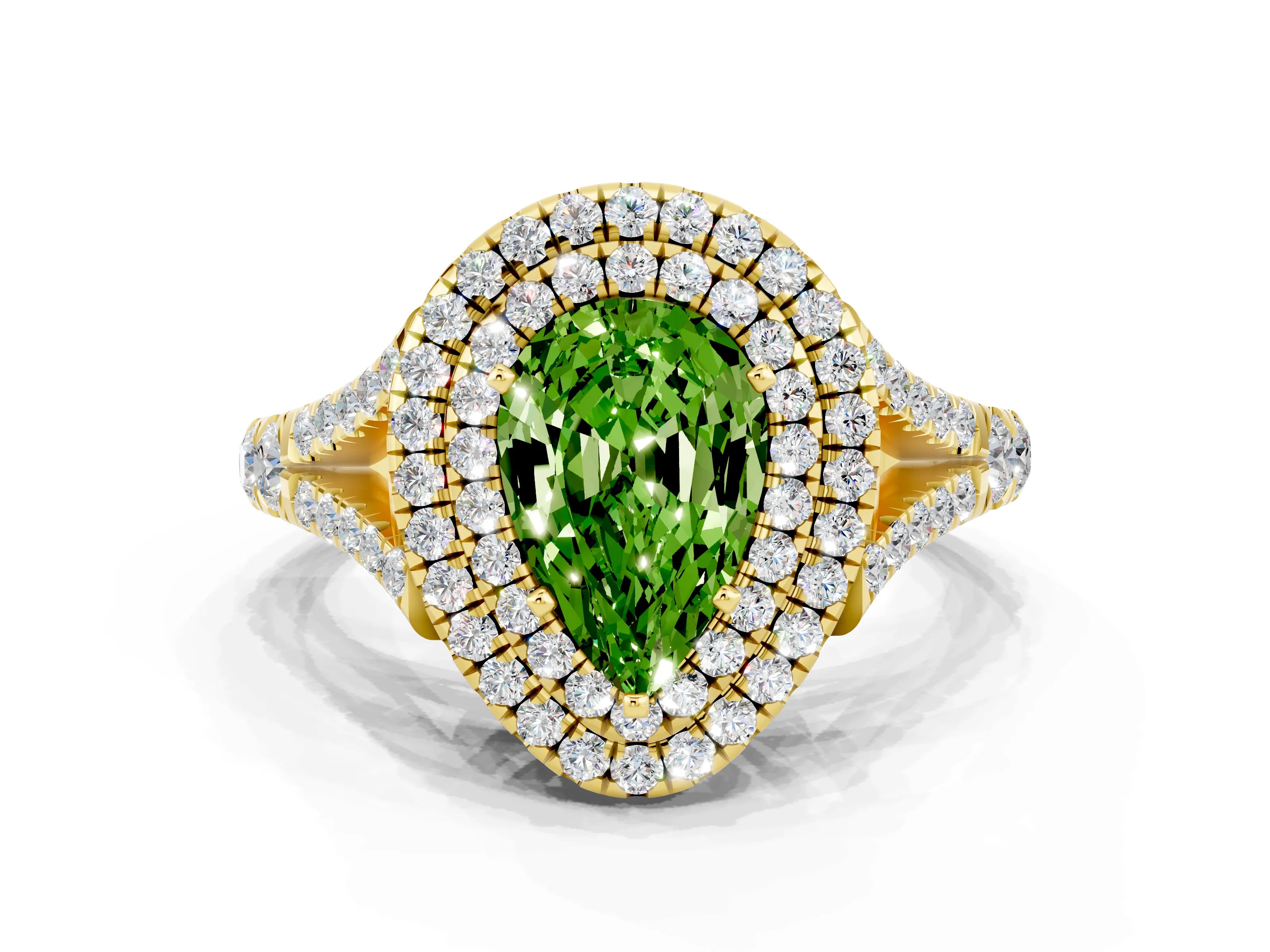 Yellow gold Double Halo Pear Cut Peridot Pavé Split Shank Ring with Prong Setting