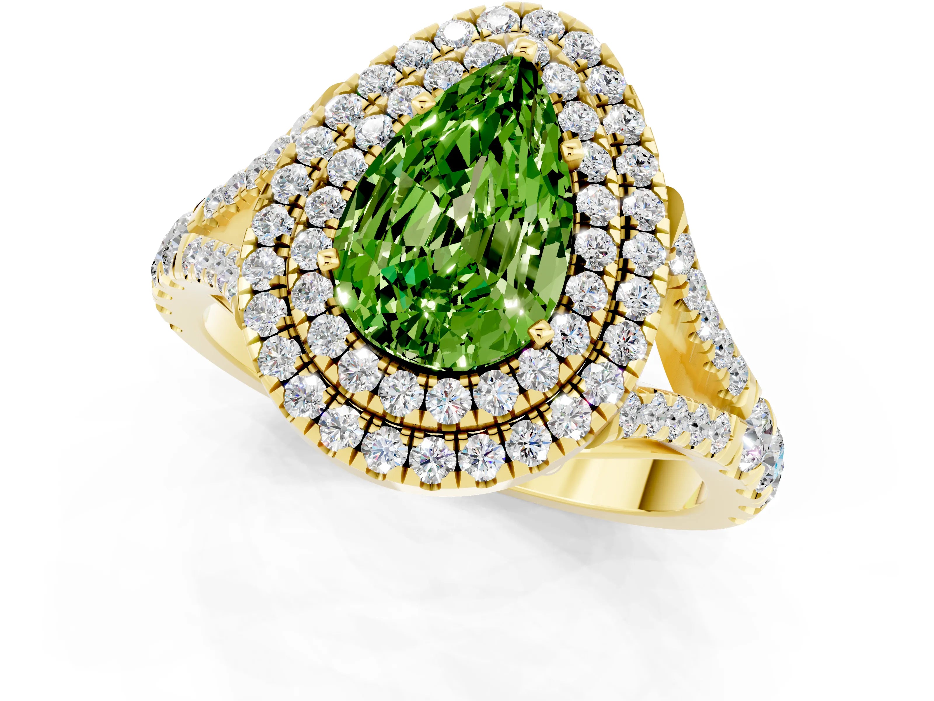 Yellow gold Double Halo Pear Cut Peridot Pavé Split Shank Ring with Prong Setting_1
