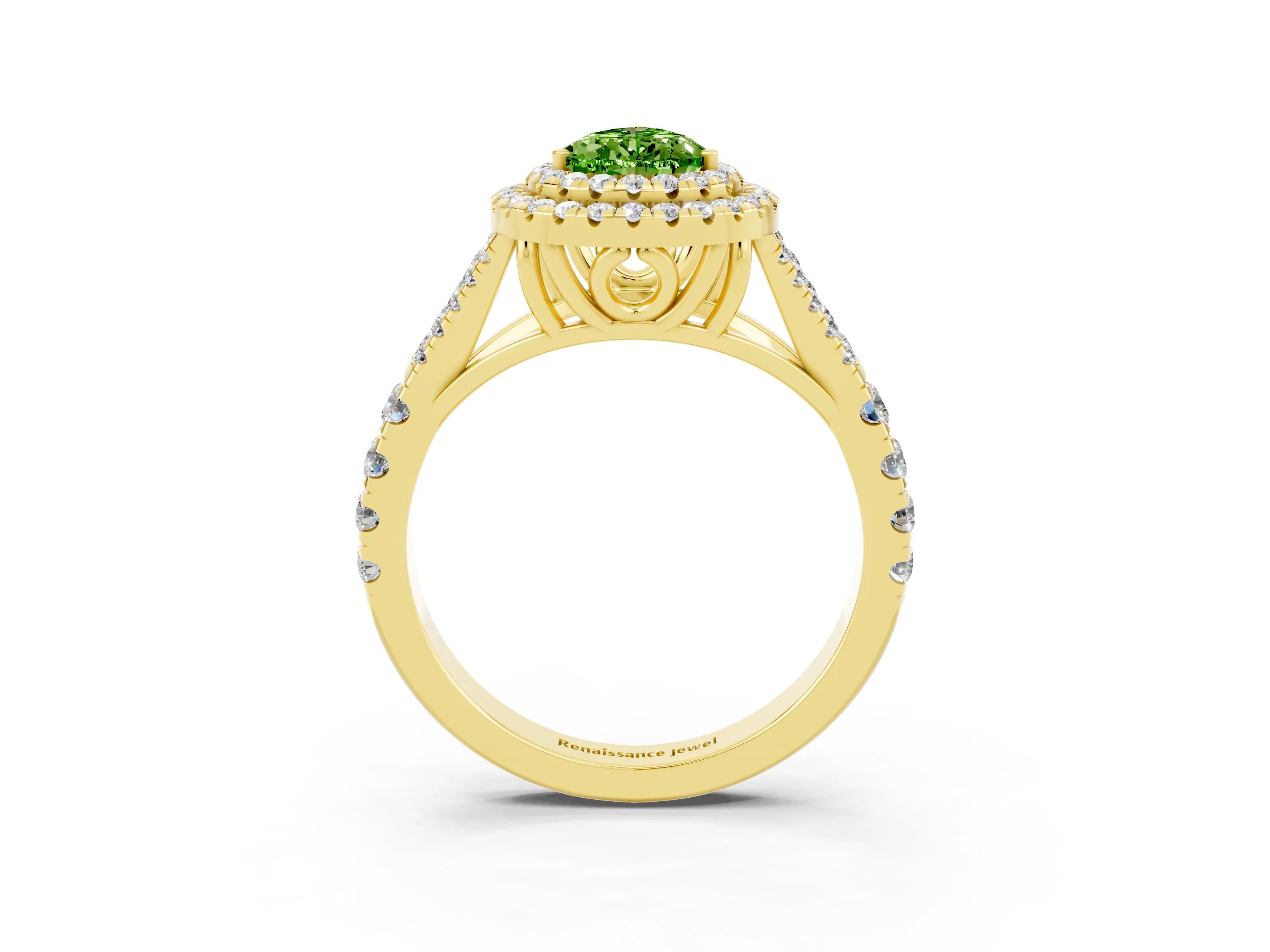 Yellow gold Double Halo Pear Cut Peridot Pavé Split Shank Ring with Prong Setting_3