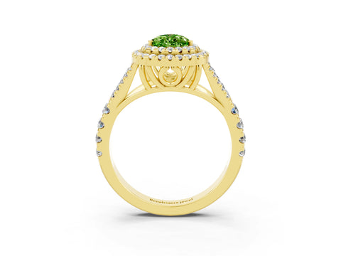 Yellow gold Double Halo Pear Cut Peridot Pavé Split Shank Ring with Prong Setting_3