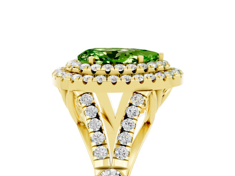 Yellow gold Double Halo Pear Cut Peridot Pavé Split Shank Ring with Prong Setting_5