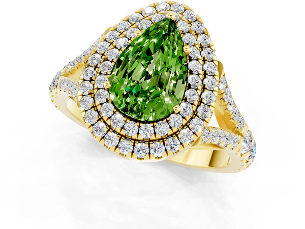 Yellow gold Double Halo Pear Cut Peridot Split Shank Engagement Ring with Four-Prong Setting