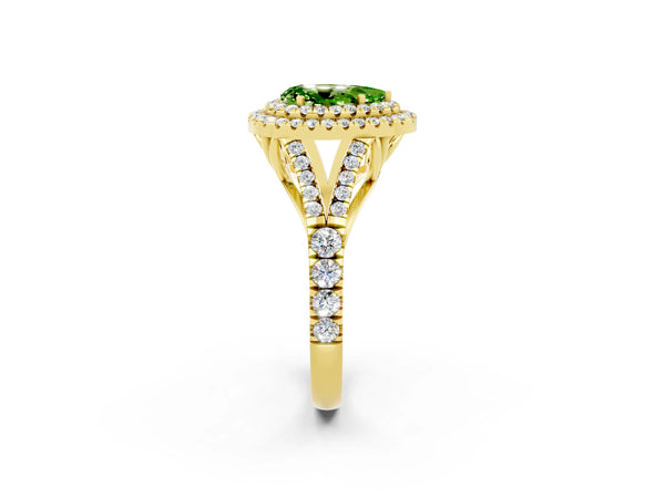 Yellow gold Double Halo Pear Cut Peridot Split Shank Engagement Ring with Four-Prong Setting