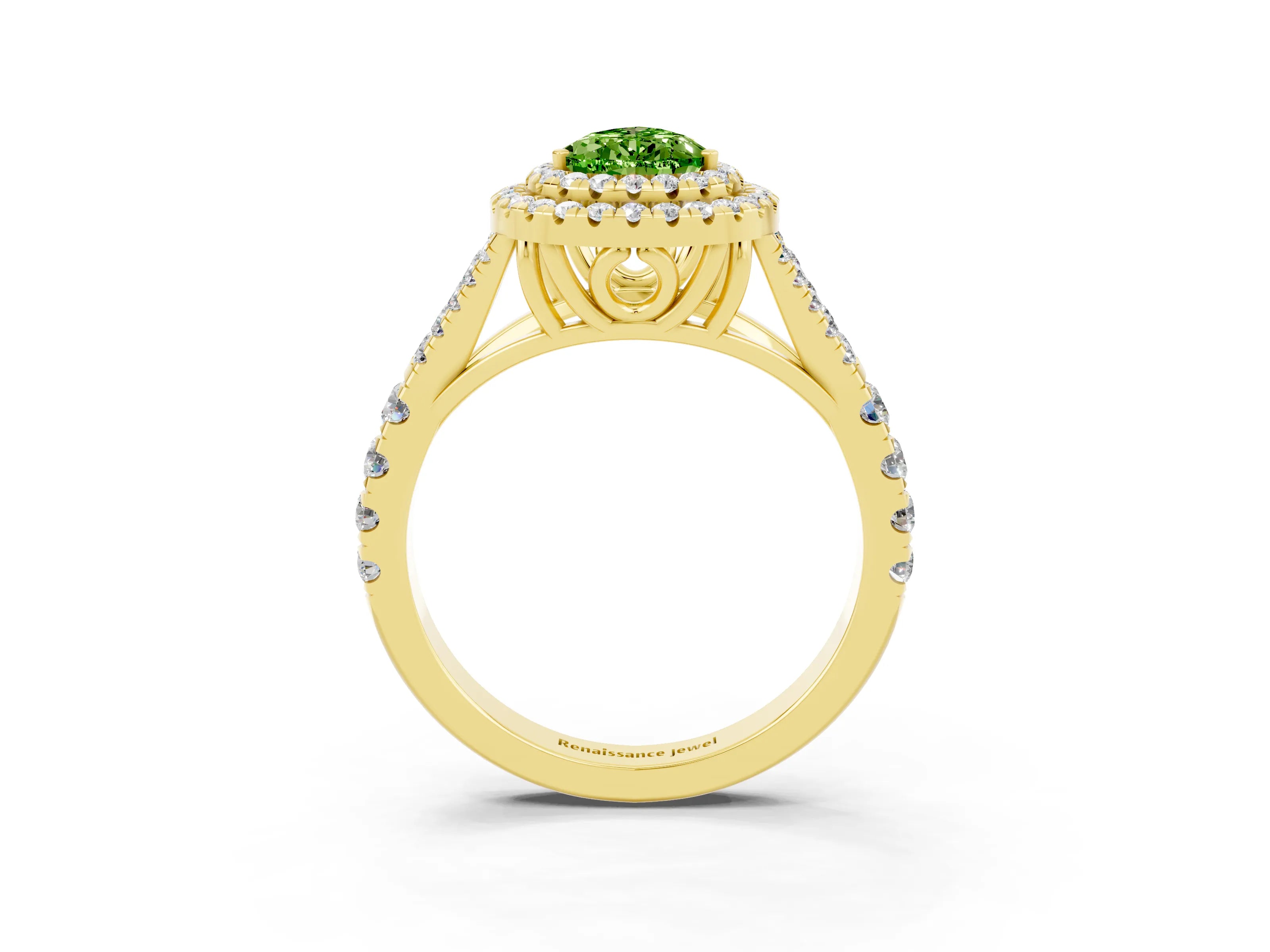 Yellow gold Double Halo Pear Cut Peridot Split Shank Engagement Ring with Four-Prong Setting_3