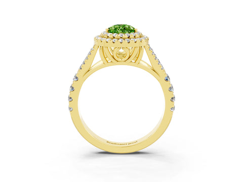Yellow gold Double Halo Pear Cut Peridot Split Shank Engagement Ring with Four-Prong Setting_3