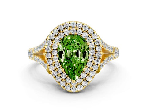 Yellow gold Double Halo Pear Cut Peridot Split Shank Engagement Ring with Four-Prong Setting