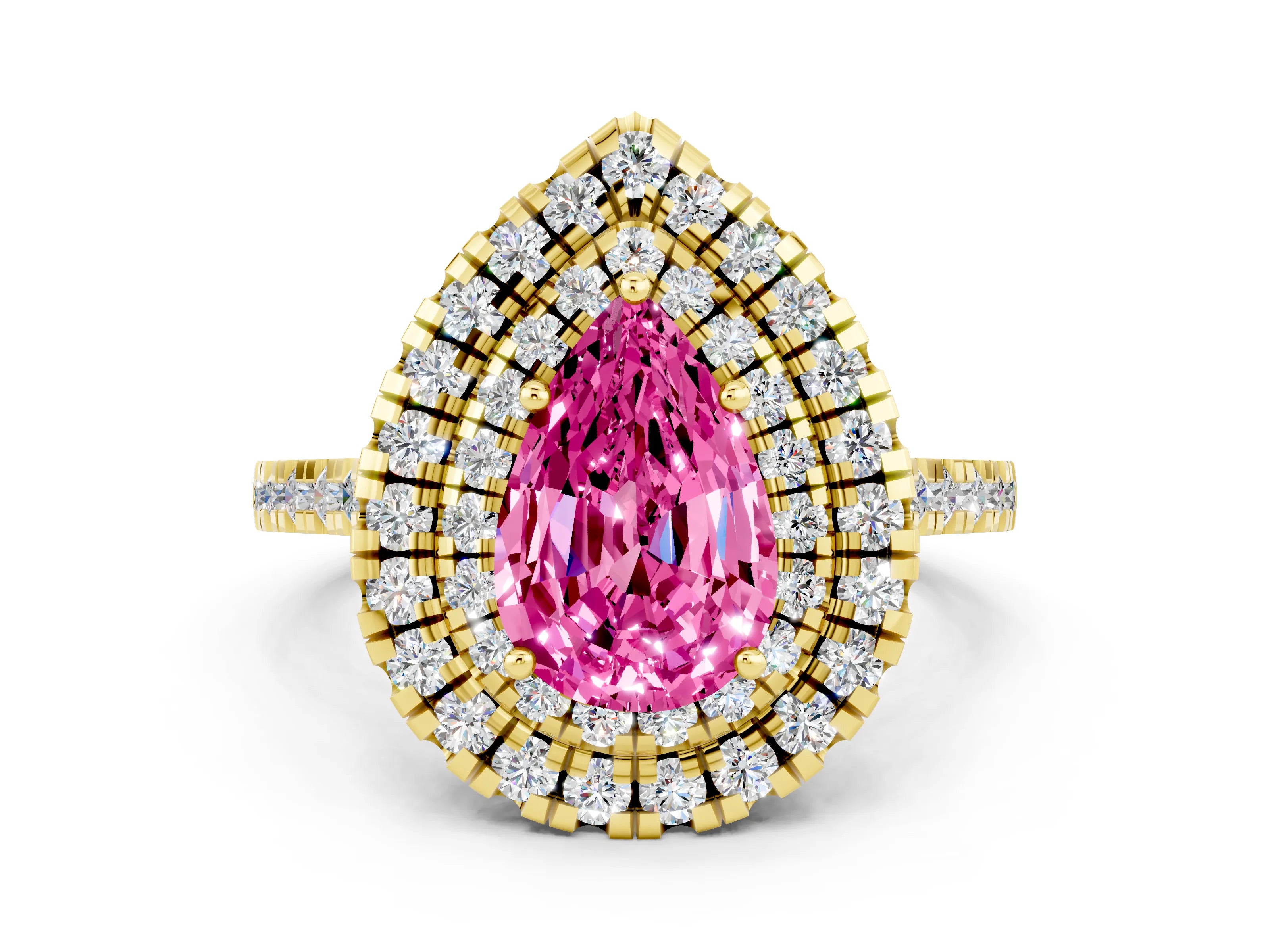 Yellow gold Double Halo Pear Cut Pink Sapphire Pavé Band with Four-Prong Setting_24