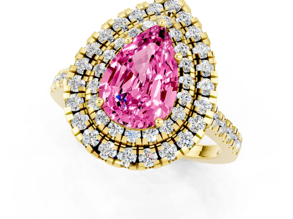 Yellow gold Double Halo Pear Cut Pink Sapphire Pavé Band with Four-Prong Setting