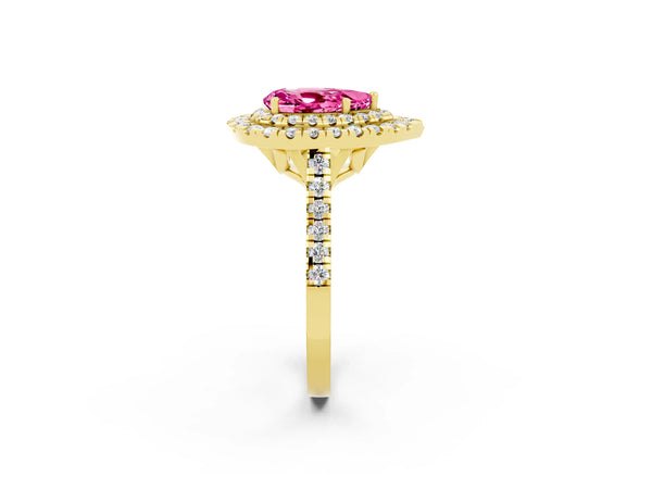 Yellow gold Double Halo Pear Cut Pink Sapphire Pavé Band with Four-Prong Setting