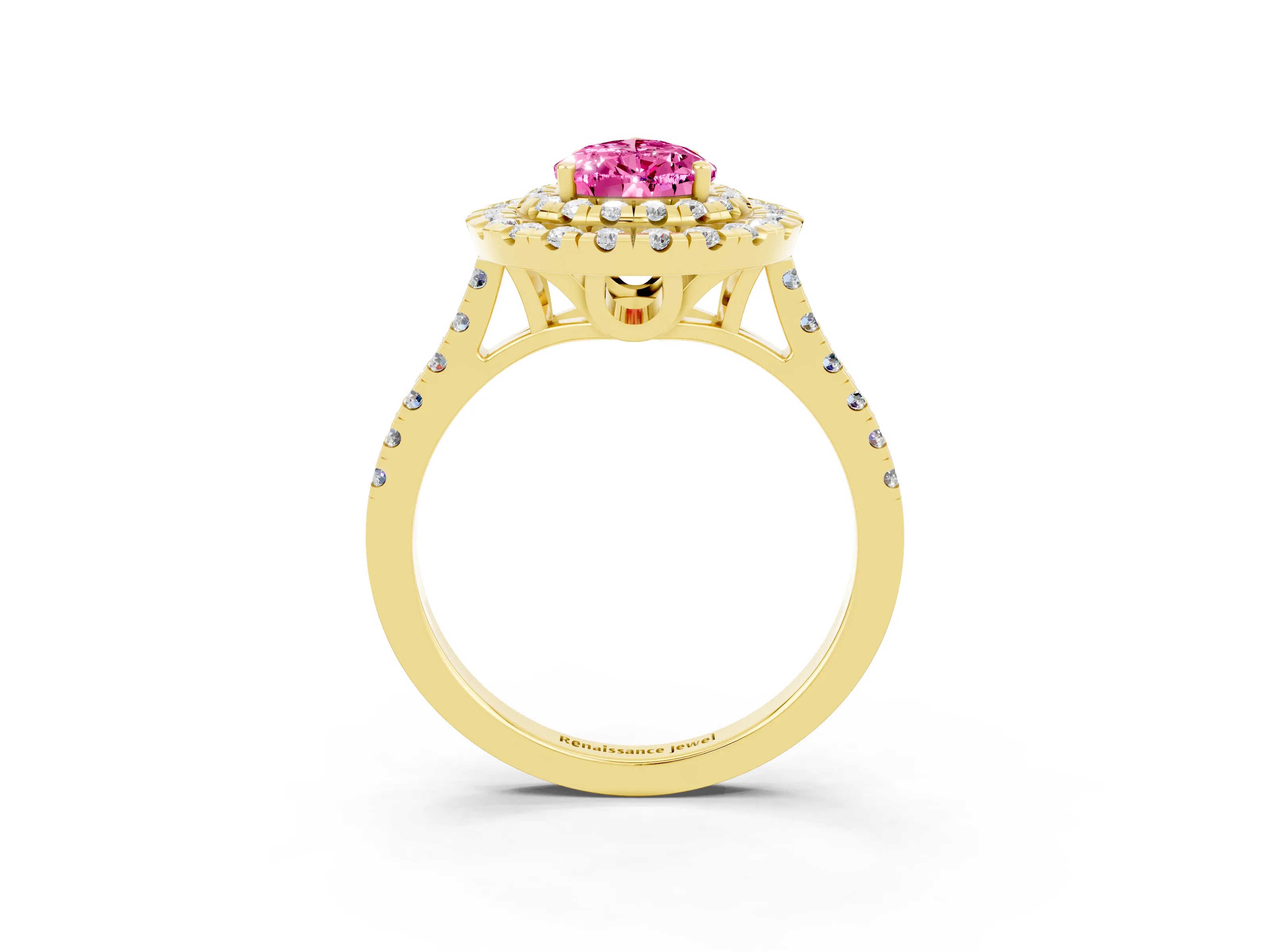Yellow gold Double Halo Pear Cut Pink Sapphire Pavé Band with Four-Prong Setting_27