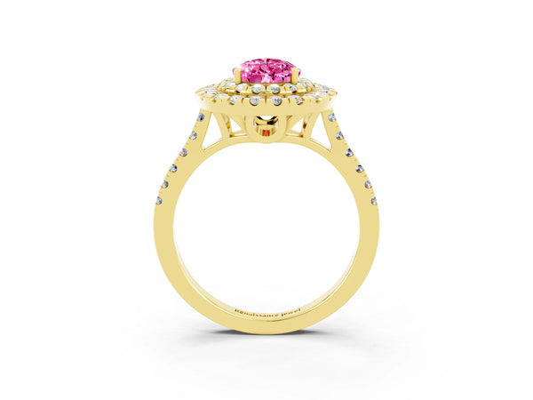 Yellow gold Double Halo Pear Cut Pink Sapphire Pavé Band with Four-Prong Setting