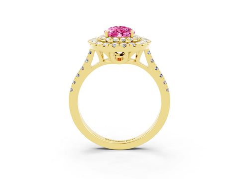 Yellow gold Double Halo Pear Cut Pink Sapphire Pavé Band with Four-Prong Setting_27