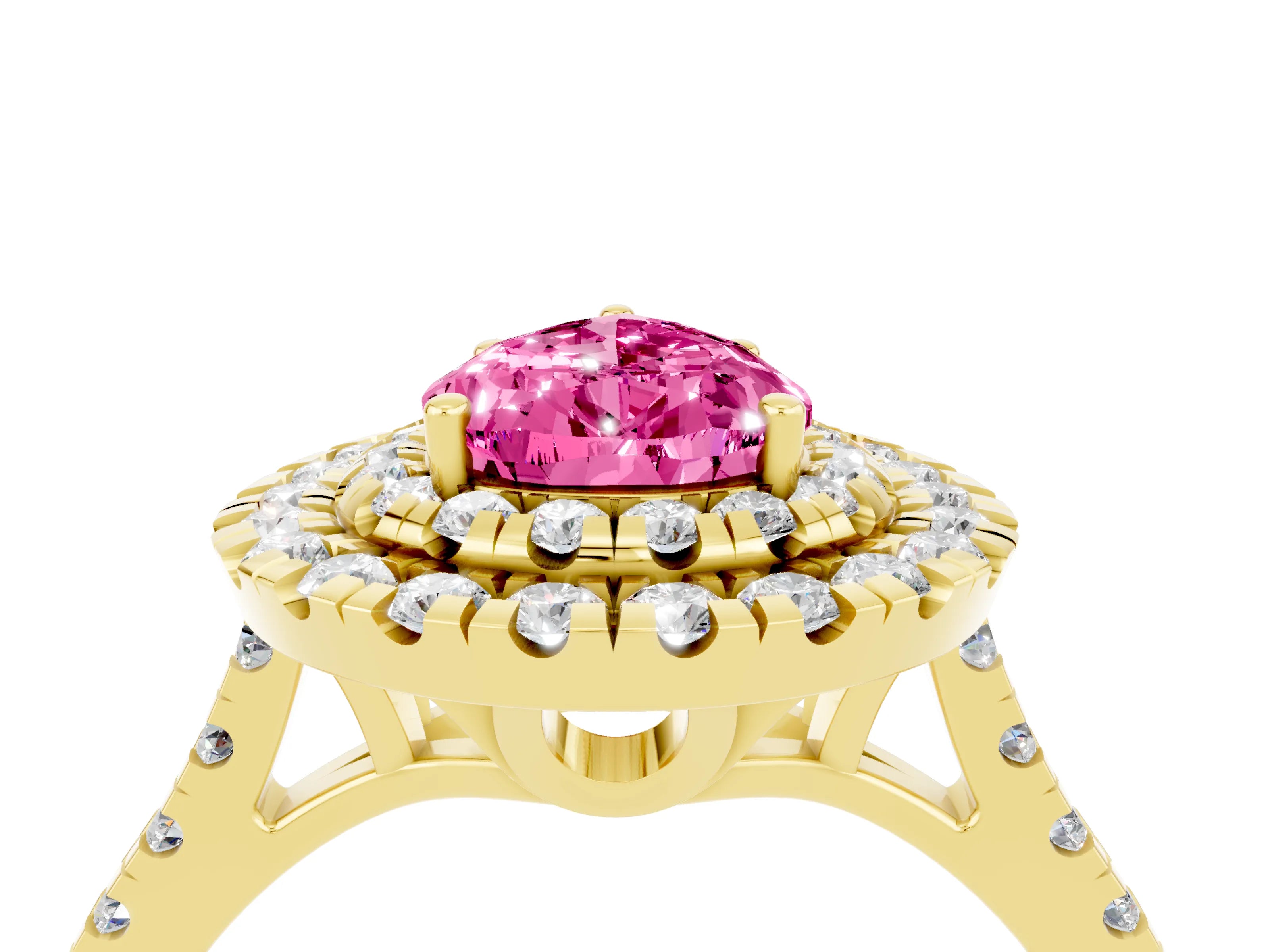 Yellow gold Double Halo Pear Cut Pink Sapphire Pavé Band with Four-Prong Setting_28