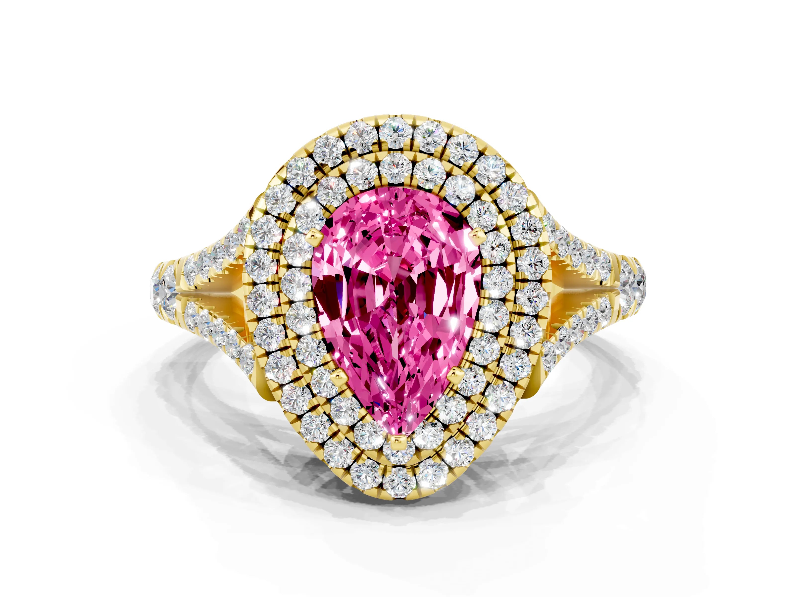 Yellow gold Double Halo Pear Cut Pink Sapphire Pavé Split Shank Ring with Prong Setting