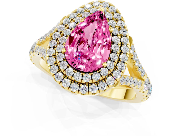 Yellow gold Double Halo Pear Cut Pink Sapphire Pavé Split Shank Ring with Prong Setting