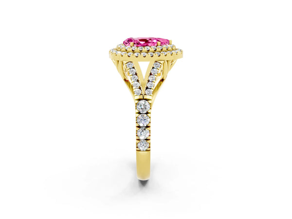 Yellow gold Double Halo Pear Cut Pink Sapphire Pavé Split Shank Ring with Prong Setting