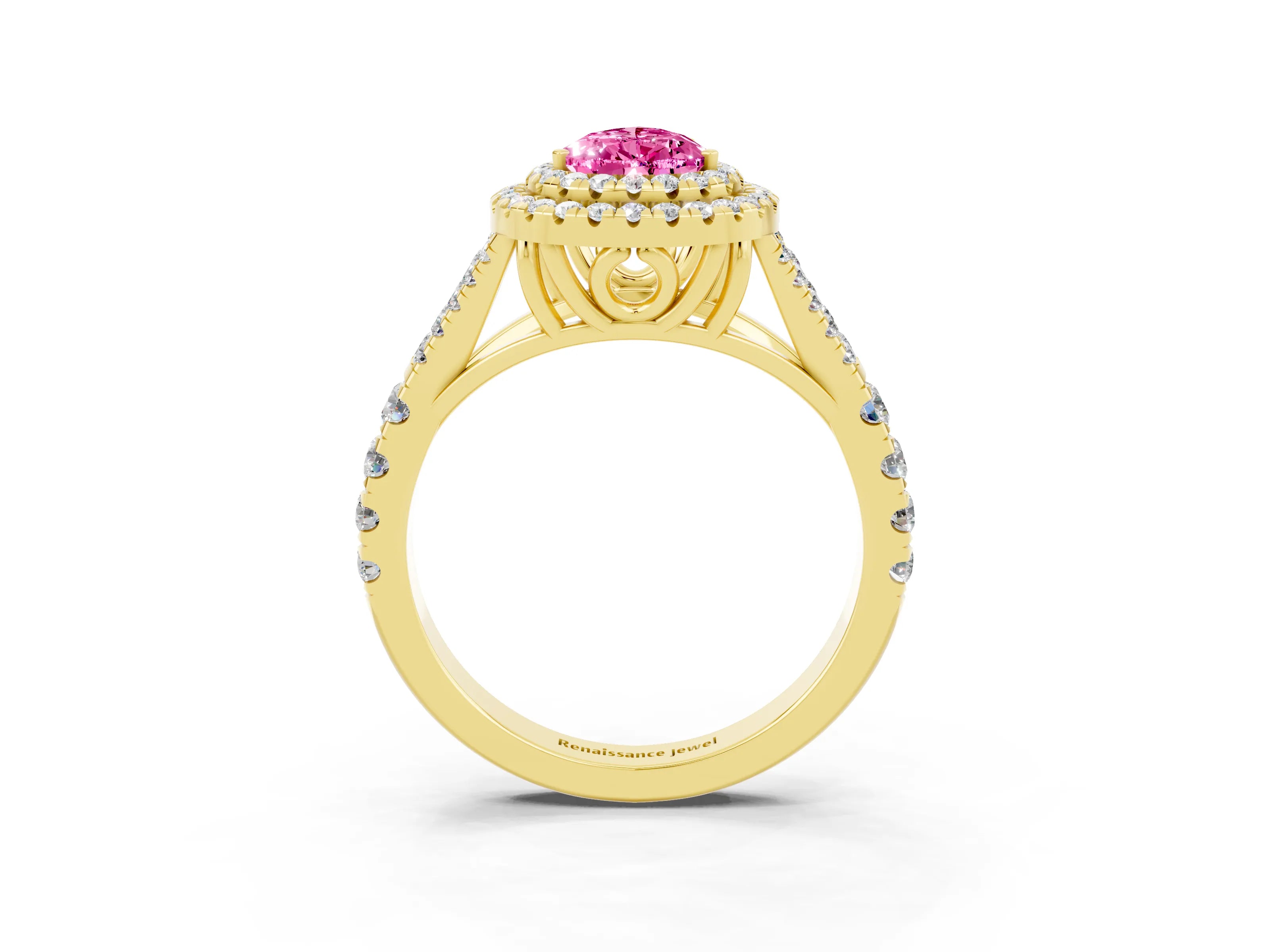 Yellow gold Double Halo Pear Cut Pink Sapphire Pavé Split Shank Ring with Prong Setting_3