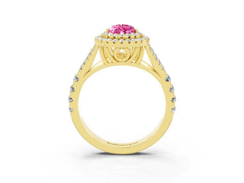 Yellow gold Double Halo Pear Cut Pink Sapphire Pavé Split Shank Ring with Prong Setting_3