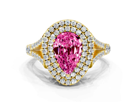 Yellow gold Double Halo Pear Cut Pink Sapphire Pavé Split Shank Ring with Prong Setting