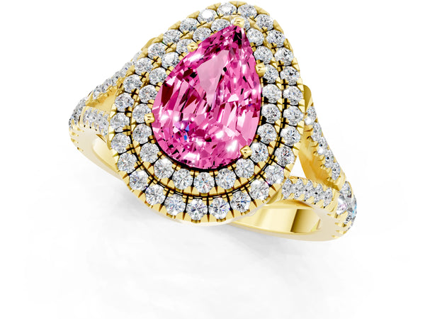 Yellow gold Double Halo Pear Cut Pink Sapphire Split Shank Engagement Ring with Four-Prong Setting