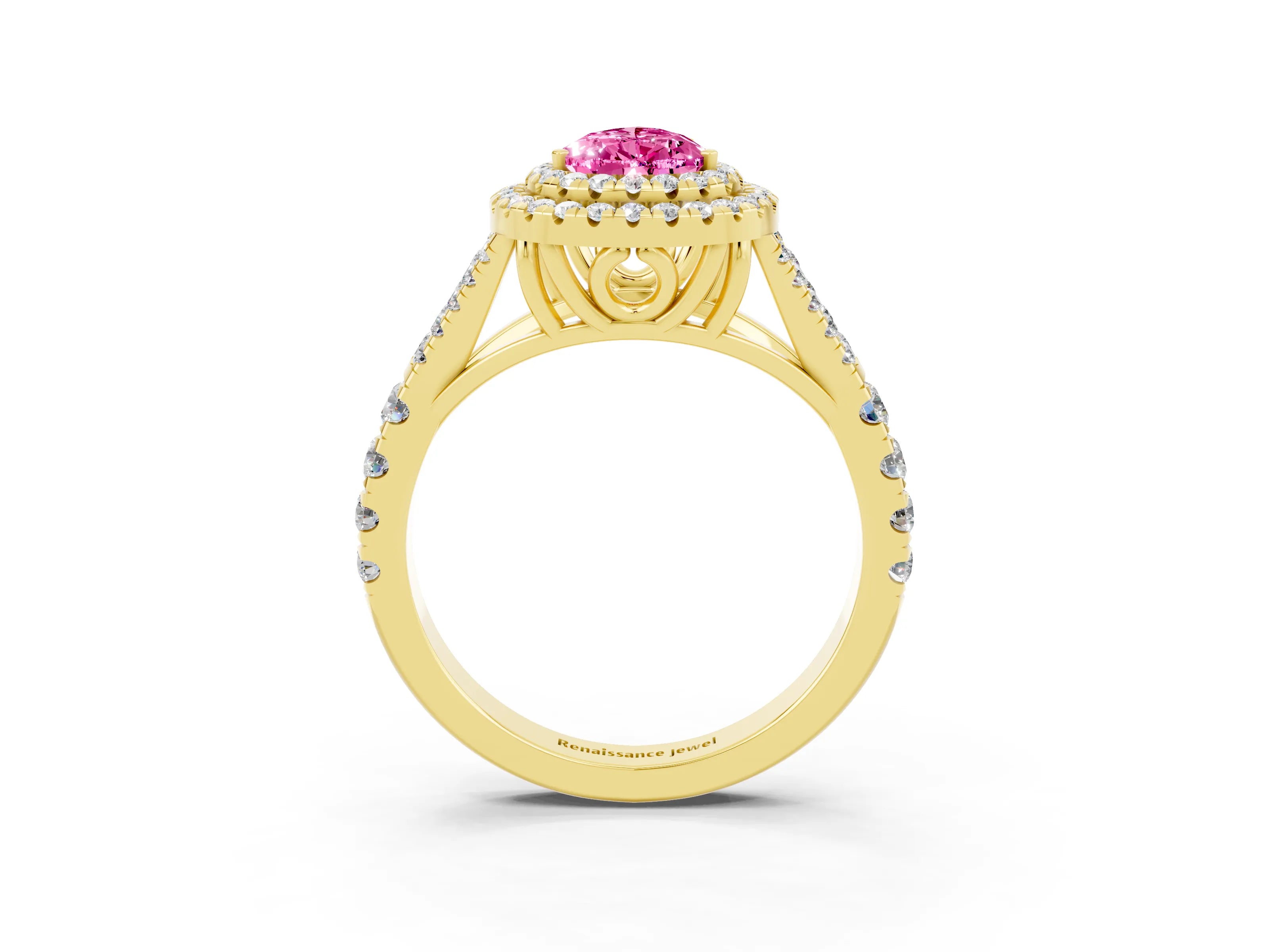 Yellow gold Double Halo Pear Cut Pink Sapphire Split Shank Engagement Ring with Four-Prong Setting_3