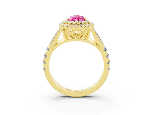 Yellow gold Double Halo Pear Cut Pink Sapphire Split Shank Engagement Ring with Four-Prong Setting