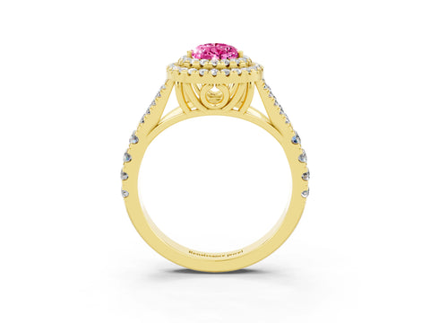 Yellow gold Double Halo Pear Cut Pink Sapphire Split Shank Engagement Ring with Four-Prong Setting_3