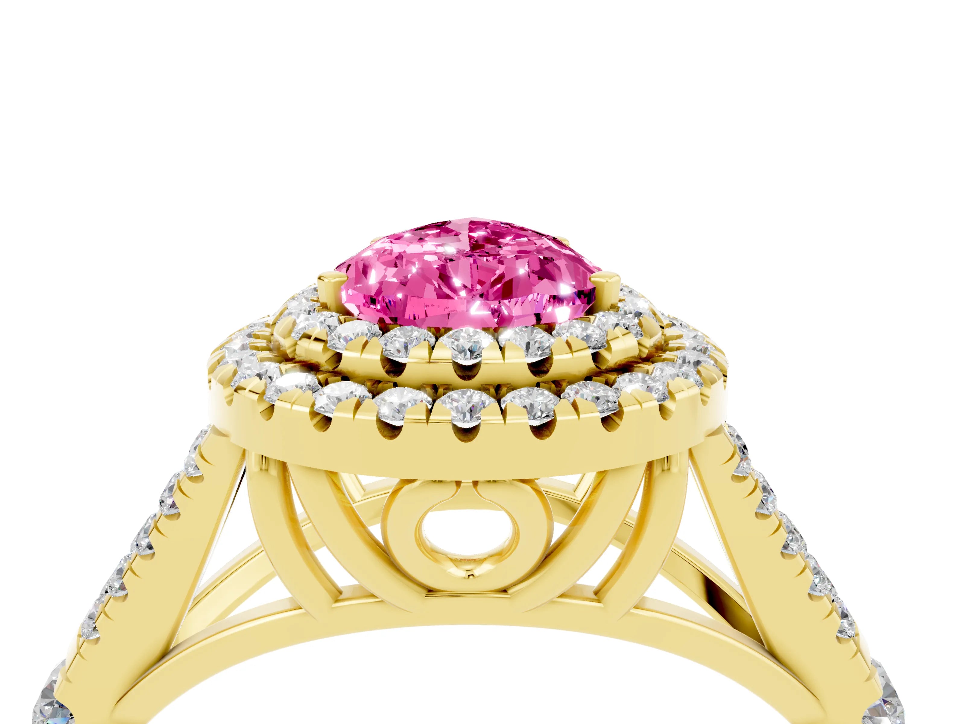 Yellow gold Double Halo Pear Cut Pink Sapphire Split Shank Engagement Ring with Four-Prong Setting_4