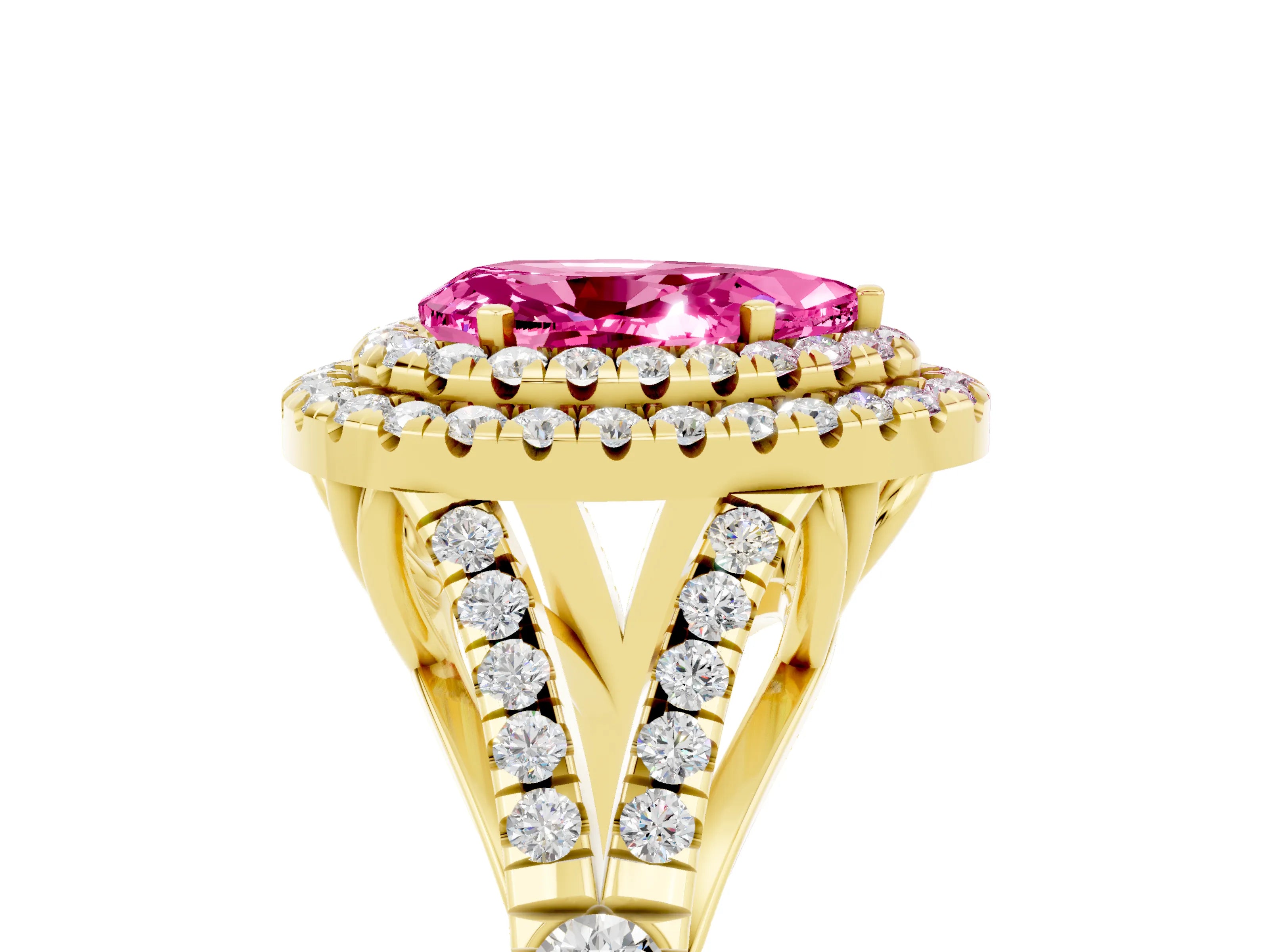Yellow gold Double Halo Pear Cut Pink Sapphire Split Shank Engagement Ring with Four-Prong Setting_5