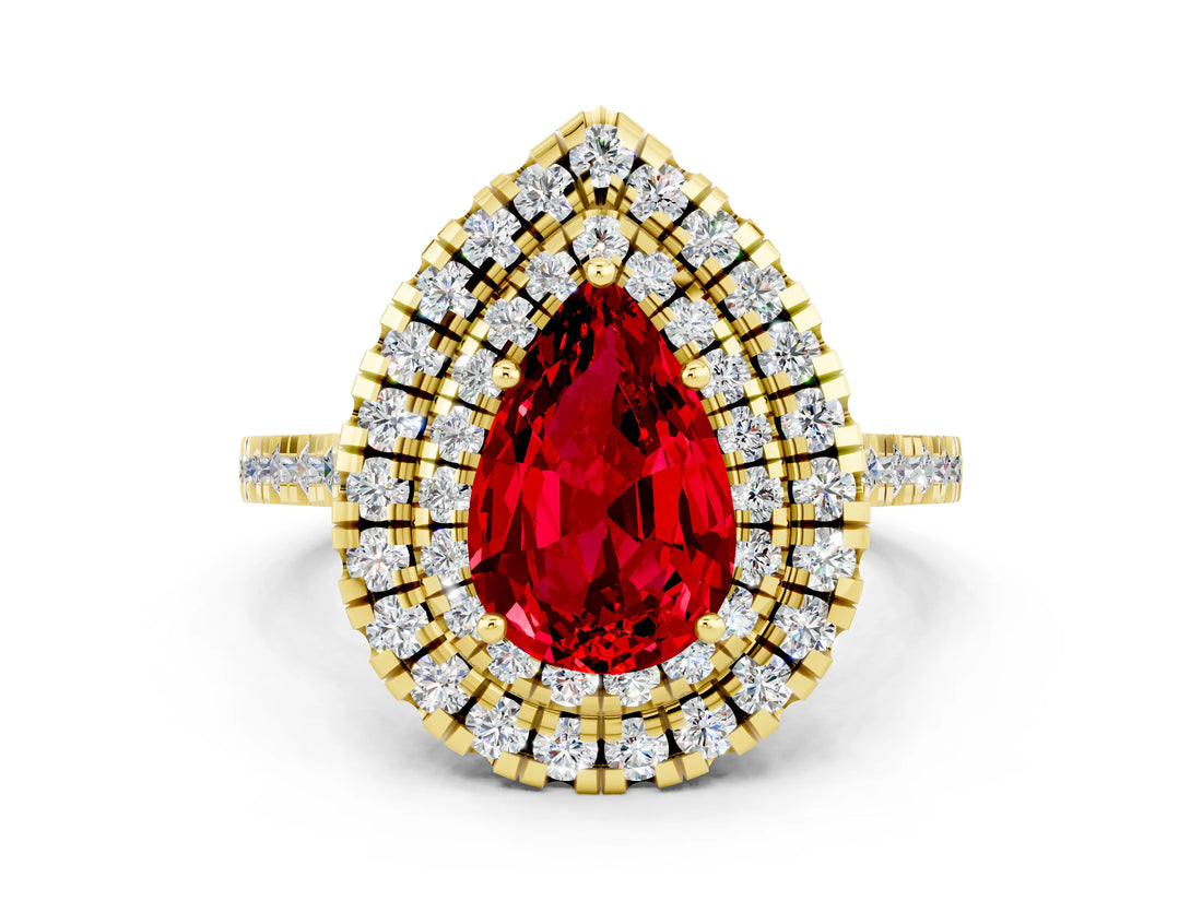 Yellow gold Double Halo Pear Cut Ruby Pavé Band with Four-Prong Setting