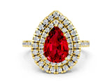Yellow gold Double Halo Pear Cut Ruby Pavé Band with Four-Prong Setting